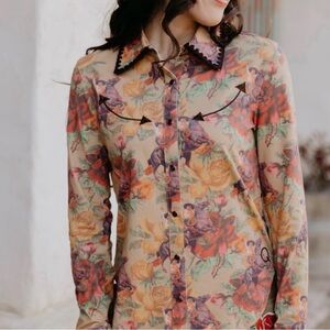 Rodeo Quincy Dona Isabella Button Up Shirt with Lace Trim Floral Horse Design M